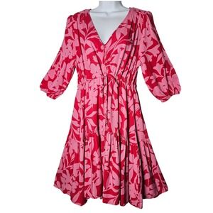 Petal & Pup Womens Floral Tiered Midi Dress Puff Sleeve Cottagecore Pink M